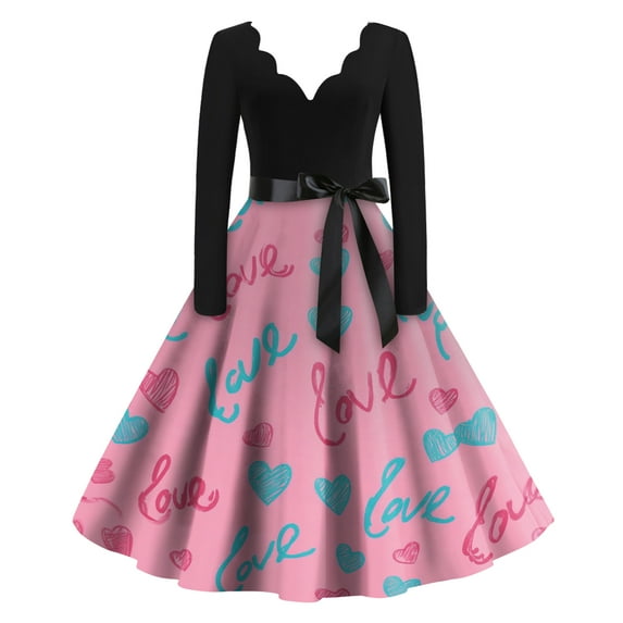 Valentine's Day Dresses for Women Long Sleev Vintage Floral Print V-Neck A-Line Cocktail Party Dress with Belt Light pink S