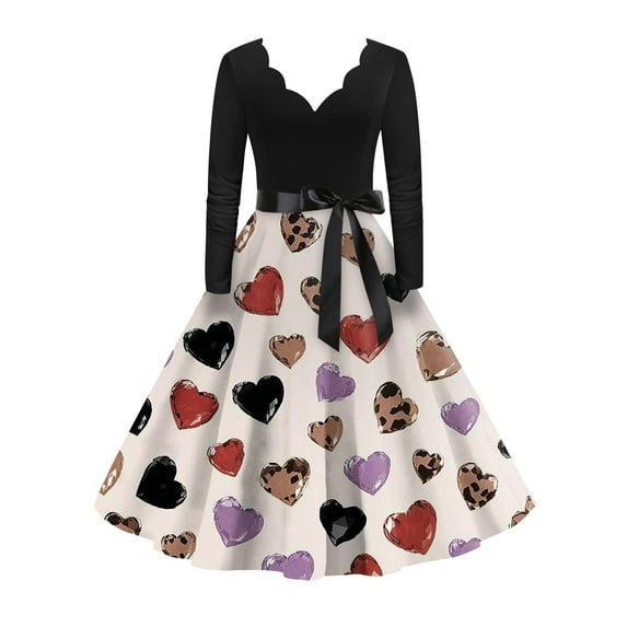 Valentine's Day Dresses for Women Long Sleev Vintage Floral Print V-Neck A-Line Cocktail Party Dress with Belt White XL