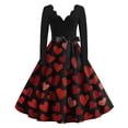 thumbnail image 1 of Valentine's Day Dresses for Women Long Sleev Vintage Love Heart Print V-Neck A-Line Cocktail Party Dress with Belt Black 3XL, 1 of 3