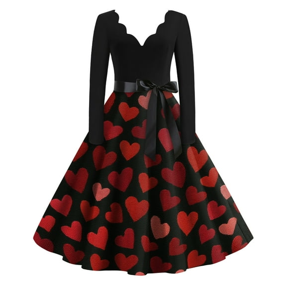 Valentine's Day Dresses for Women Long Sleev Vintage Love Heart Print V-Neck A-Line Cocktail Party Dress with Belt Black 3XL