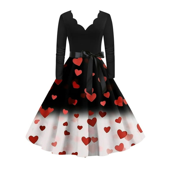 Valentine's Day Dresses for Women Long Sleev Vintage Love Heart Print V-Neck A-Line Cocktail Party Dress with Belt Dark Gray M