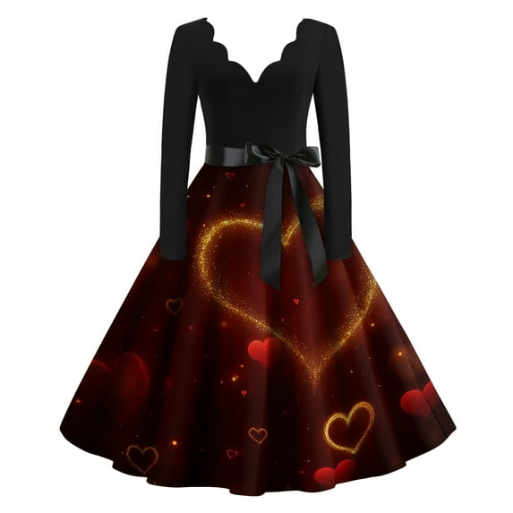 Valentine's Day Dresses for Women Long Sleev Vintage Love Heart Print V-Neck A-Line Cocktail Party Dress with Belt Deep Red 3XL