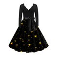 thumbnail image 1 of Valentine's Day Dresses for Women Long Sleev Vintage Love Heart Print V-Neck A-Line Cocktail Party Dress with Belt Gold M, 1 of 5