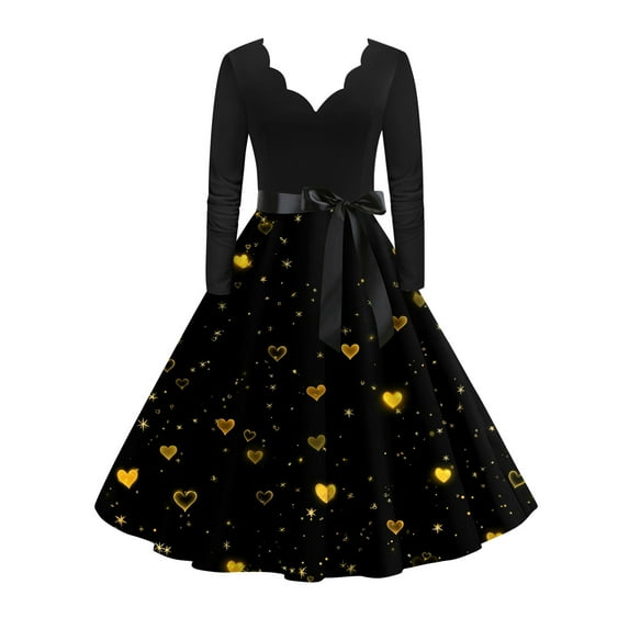 Valentine's Day Dresses for Women Long Sleev Vintage Love Heart Print V-Neck A-Line Cocktail Party Dress with Belt Gold M