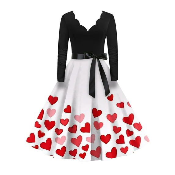 Valentine's Day Dresses for Women Long Sleev Vintage Love Heart Print V-Neck A-Line Cocktail Party Dress with Belt Light pink M