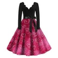 thumbnail image 1 of Valentine's Day Dresses for Women Long Sleev Vintage Love Heart Print V-Neck A-Line Cocktail Party Dress with Belt Pink M, 1 of 3
