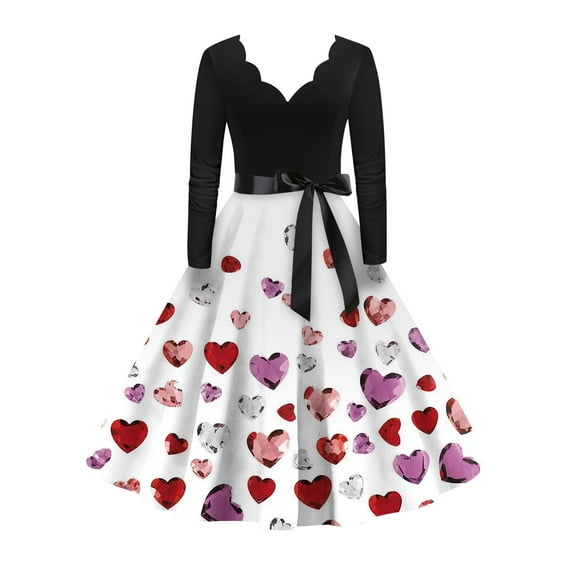 Valentine's Day Dresses for Women Long Sleev Vintage Love Heart Print V-Neck A-Line Cocktail Party Dress with Belt Purple M
