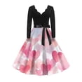 thumbnail image 1 of Valentine's Day Dresses for Women Long Sleev Vintage Love Heart Print V-Neck A-Line Cocktail Party Dress with Belt Purple Pink XL, 1 of 4