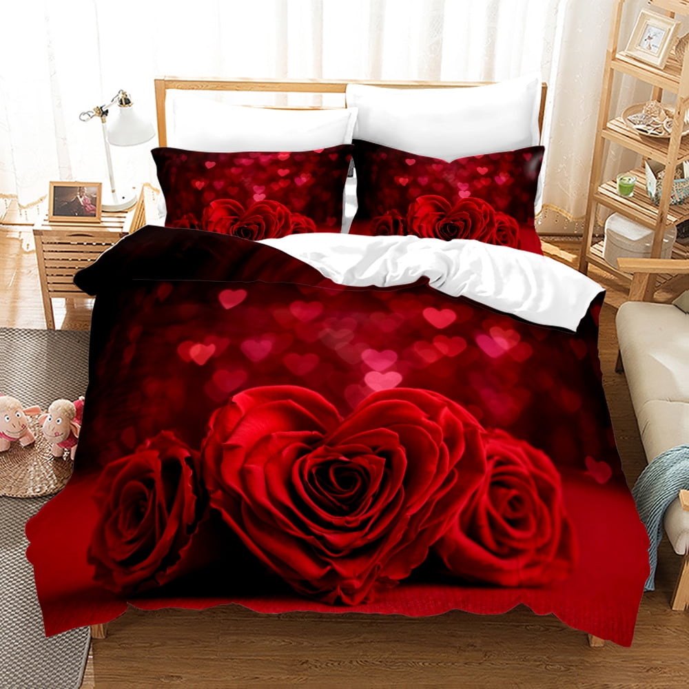 Valentine's Day Duvet Cover Queen,Red Floral Bedding Set for Girls