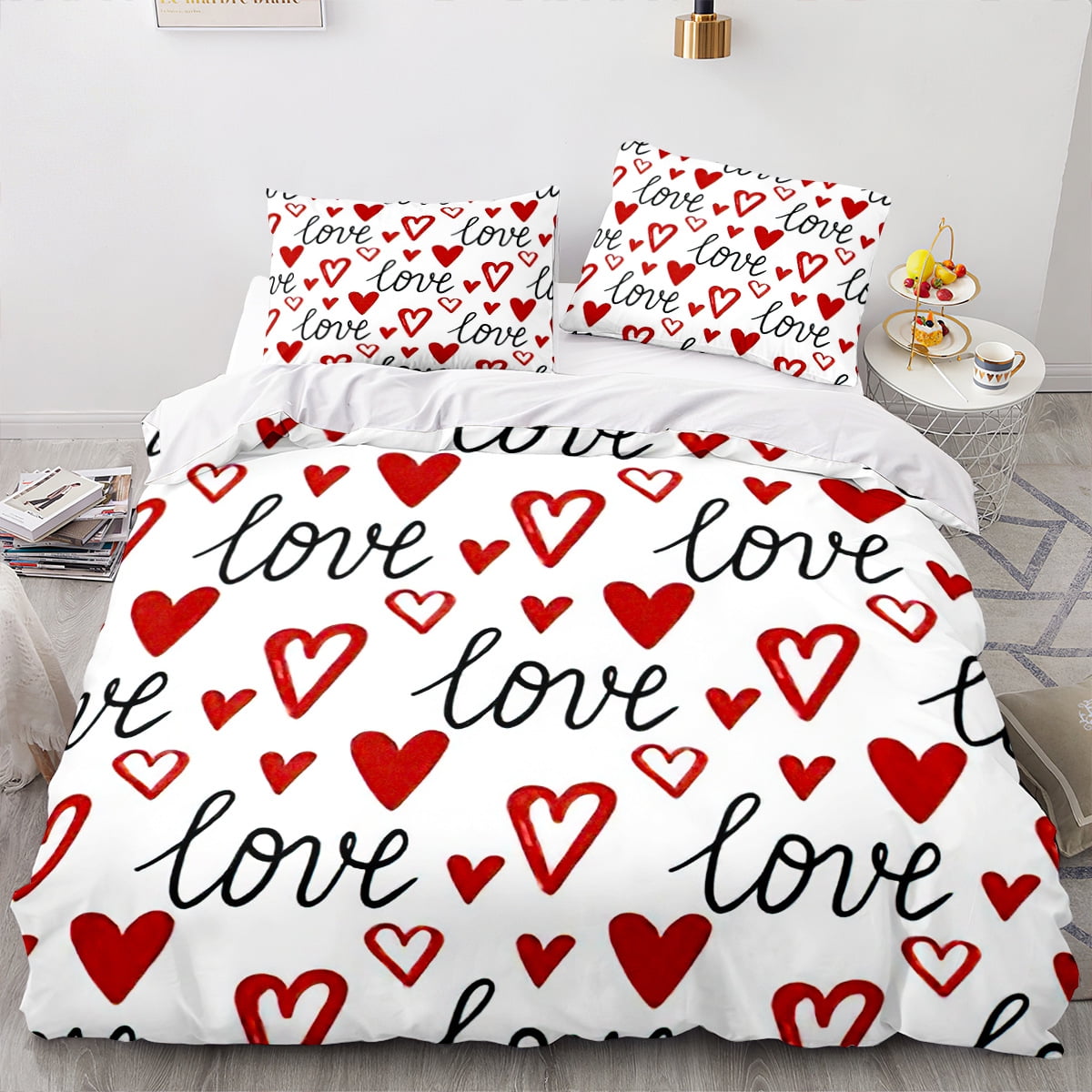 Valentine's Day Duvet Cover Queen,Red Floral Bedding Set for Girls