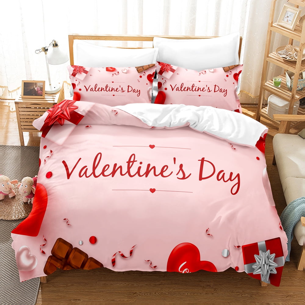 Valentine's Day Duvet Cover Queen,Red Floral Bedding Set for Girls