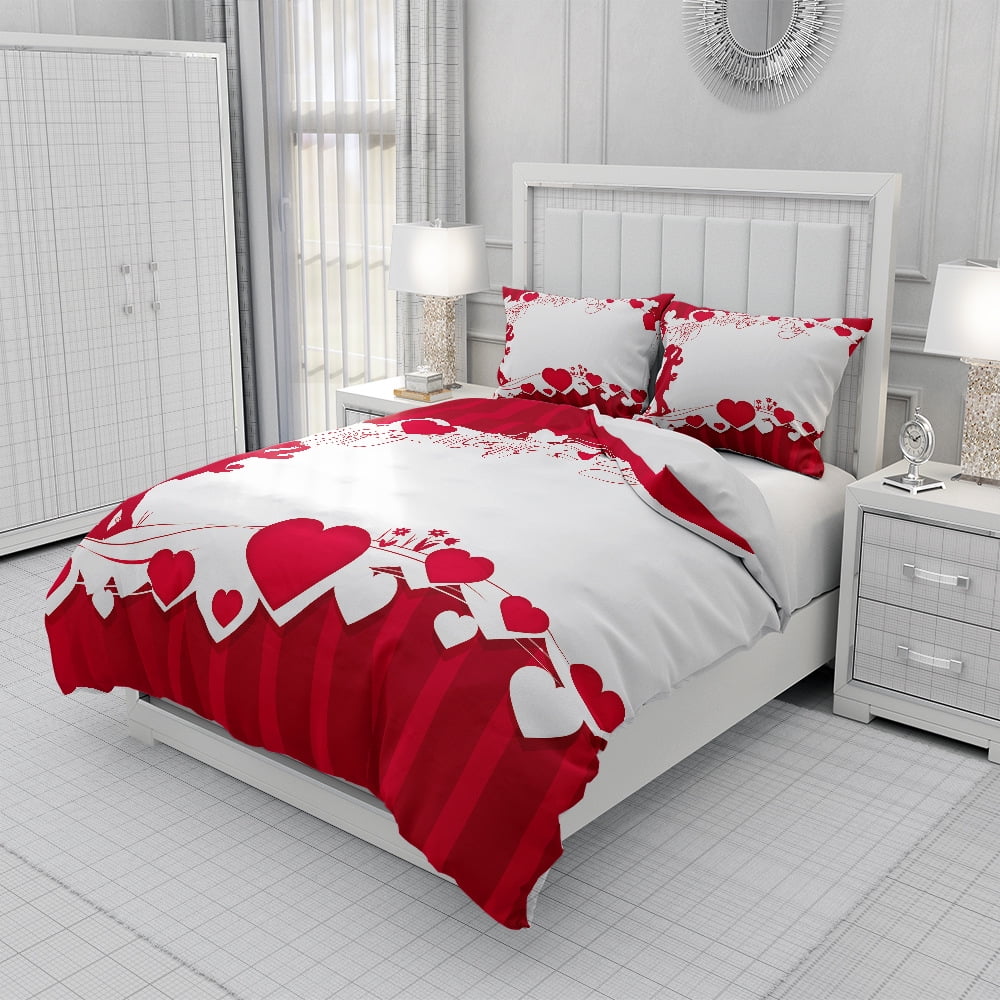 Valentine's Day Duvet Cover Queen,Red Floral Bedding Set for Girls