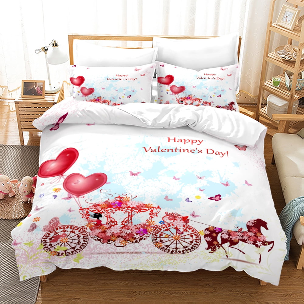 Valentine's Day Duvet Cover Queen,Red Floral Bedding Set for Girls