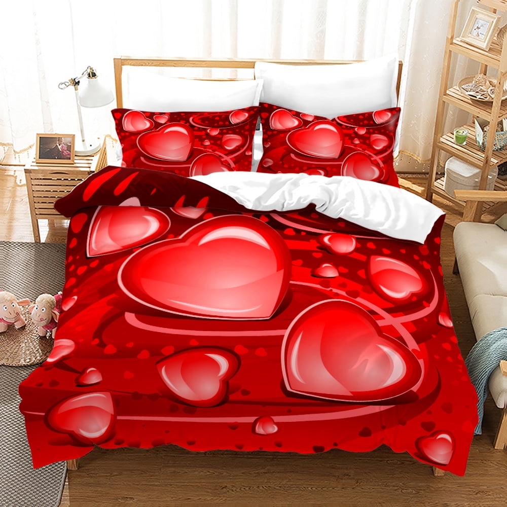Valentine's Day Duvet Cover Queen,Red Floral Bedding Set for Girls