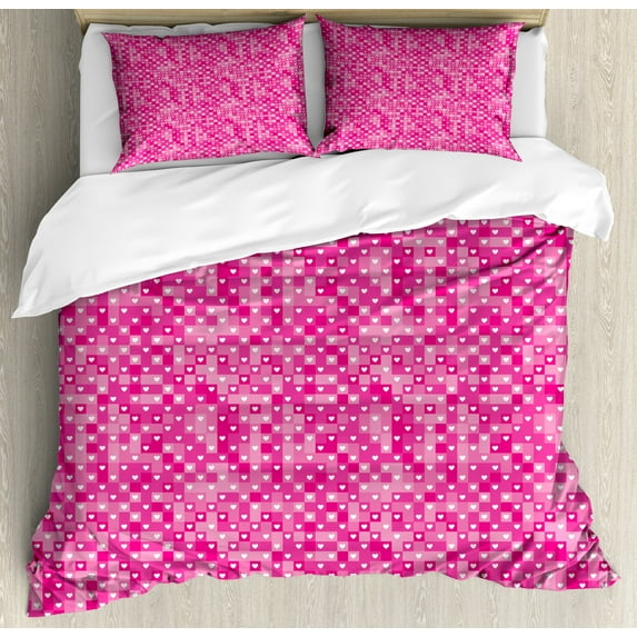 Valentine's Day Duvet Cover Set, Girly Hearts Mosaic on Geometric Checkered Gradient Backdrop, Decorative 3 Piece Bedding Set with 2 Pillow Shams, Queen Size, Pink Magenta and White, by Ambesonne