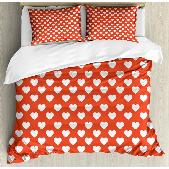 Valentine's Day Duvet Cover Set King Size, White Hearts on Vibrant Background Love Pattern for Romantic Couples, Decorative 3 Piece Bedding Set with 2 Pillow Shams, Vermilion White, by Ambesonne