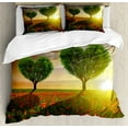 thumbnail image 1 of Valentine's Day Duvet Cover Set Queen Size, Poppy Field Heart Shaped Trees Sunset Cloudy Sky Rural Romantic Meadow, Decorative 3 Piece Bedding Set with 2 Pillow Shams, Green Red Blue, by Ambesonne, 1 of 3
