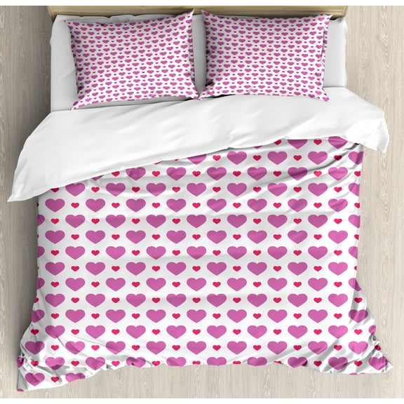 Valentine's Day Duvet Cover Set, Simple Love Themed Pattern with Big and Little Hearts, Decorative 3 Piece Bedding Set with 2 Pillow Shams, Queen Size, Fuchsia and Dark Pink, by Ambesonne