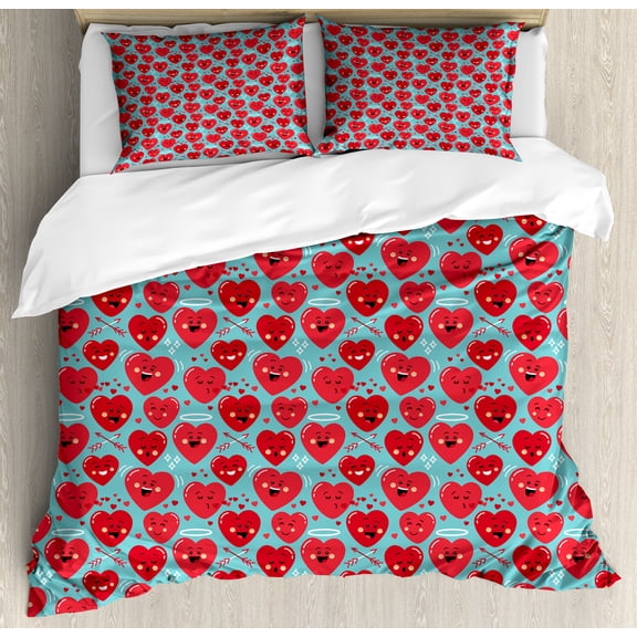 Valentine's Day Duvet Cover Set, Smiling Funny Cartoon Characters on Turquoise Backdrop, Decorative 3 Piece Bedding Set with 2 Pillow Shams, Calking Size, Grey Dark Coral, by Ambesonne