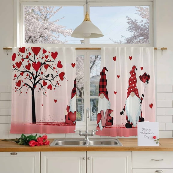 Valentine's Day Dwarfs Couple with Balloon Chiffon Sheer Curtains 45 Inches Long, Bird on Love Heart Tree 2 Rod Pocket Window Treatment Voile Drapes Curtains for Living Room Bedroom,2 Panels, 52x45In