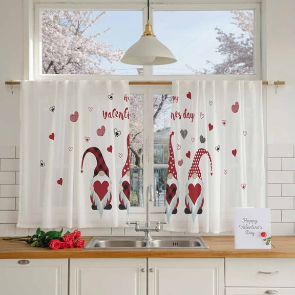 Valentine's Day Dwarfs Elf with Red Love Heart Chiffon Sheer Curtains 45 Inches Long, White 2 Rod Pocket Window Treatment Voile Drapes Curtains for Living Room Bedroom,2 Panels, 52x45In