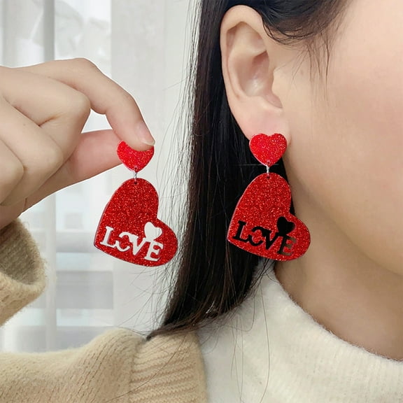 Valentine's Day Earrings Heart Shaped Red Dangle Earrings - Fashion Trendy Jewelry Gift for Her, Lightweight Plastic Earrings for Date Party, Cute Romantic Gift Set, 1 Pairs