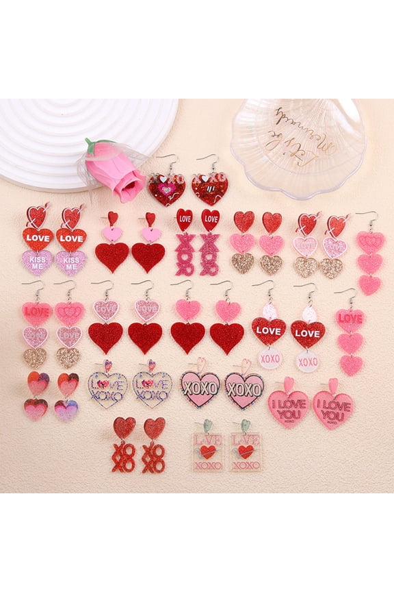 Valentines Day Earrings Set for Women 17 Pairs Pink Acrylic Drop Earrings with Hearts Color Block, Sparkle Dangle Jewelry for Girlfriend Wife Gift, Holiday Party, Date Night