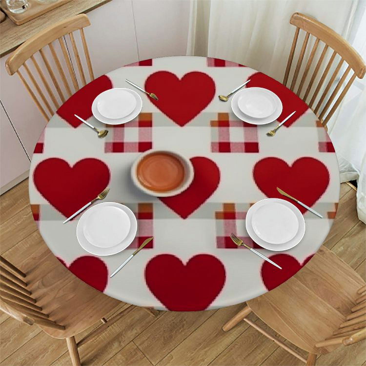 Valentine's Day Elastic Round Tablecloth, Heart Buffalo Plaid Red