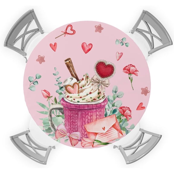 Valentine''s Day Elastic Round Tablecloth, Pink Cappuccino Cup Love Heart Fitted Tablecloths for Round Table Oil-Proof Waterproof Table Cloth for Wedding Anniversary (Fit for 45" - 54" Round Tables)