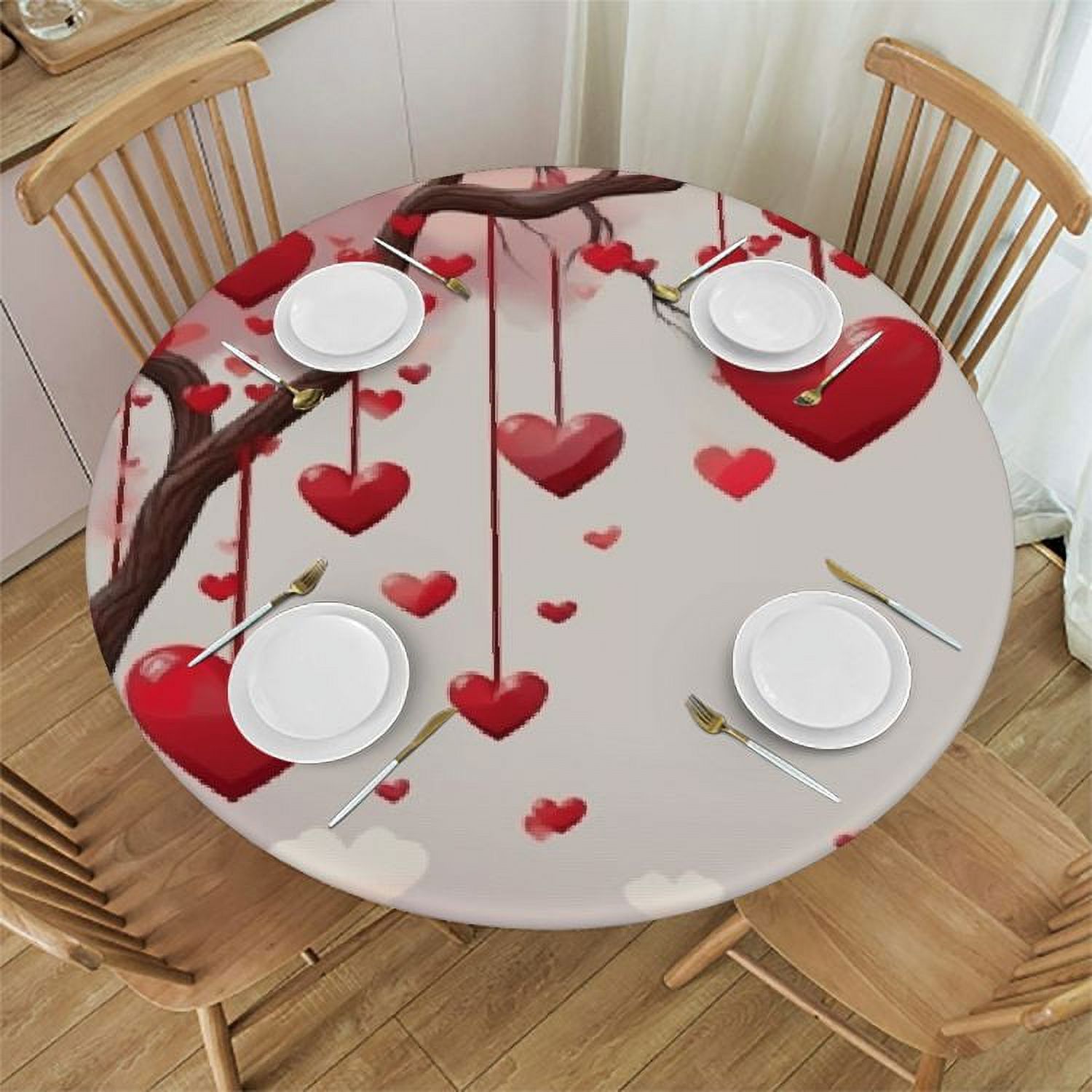 Valentine's Day Elastic Round Tablecloth, Red Pink Love Heart Branches