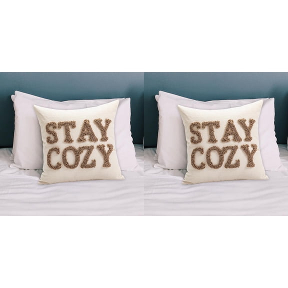 Valentine's Day Embroidered Throw Pillow Cover - 17.71x17.71 Inch Decorative White Pillow Case with Stay Cozy or Love Message, Boho Style for Couch Sofa Bed Living Room Bedroom Decor (2Pcs)