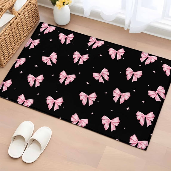 Valentine's Day Entryway Rug 2'x3' Non Slip Front Door Mats, Pink Bows Shining Stars Modern Black Entrance Rugs Indoor Outdoor Carpet, Washable Floor Mats Small Area Rug for Bedroom Kitchen