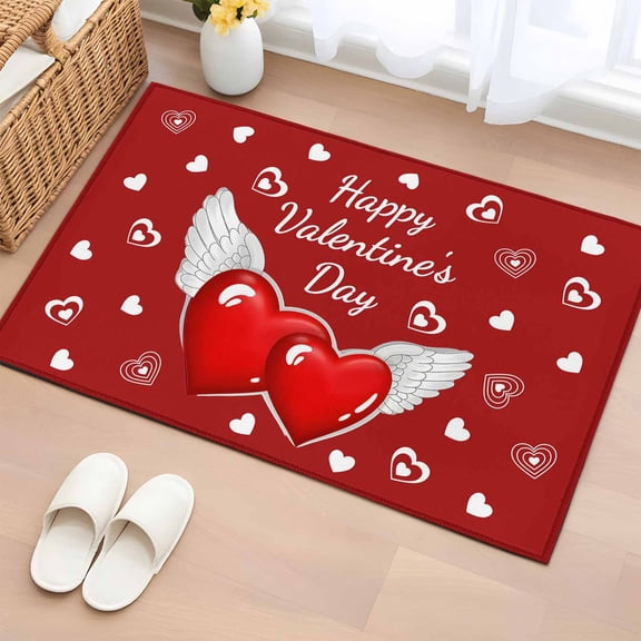 Valentine's Day Entryway Rug 2'x3'&nbsp; Non Slip Front Door Mats, Red Love Wings Romantic Entrance Rugs Indoor Outdoor Carpet, Washable Floor Mats Small Area Rug for Bedroom Kitchen