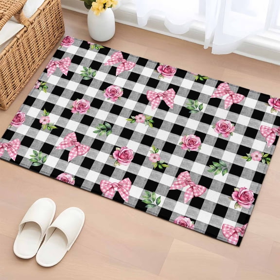 Valentine's Day Entryway Rug 2'x3' Non Slip Front Door Mats, Spring Roses Pink Bows Black White Plaid Entrance Rugs Indoor Outdoor Carpet, Washable Floor Mats Small Area Rug for Bedroom Kitchen