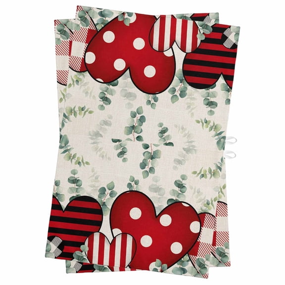 Valentine's Day Eucalyptus Kitchen Towels Set of 2, Water Absorbent Dish Towel, Love Heart Botanical Linen Decorative Hand Towels - Quick Drying Cloth for Cooking Baking, 18x28 Inch