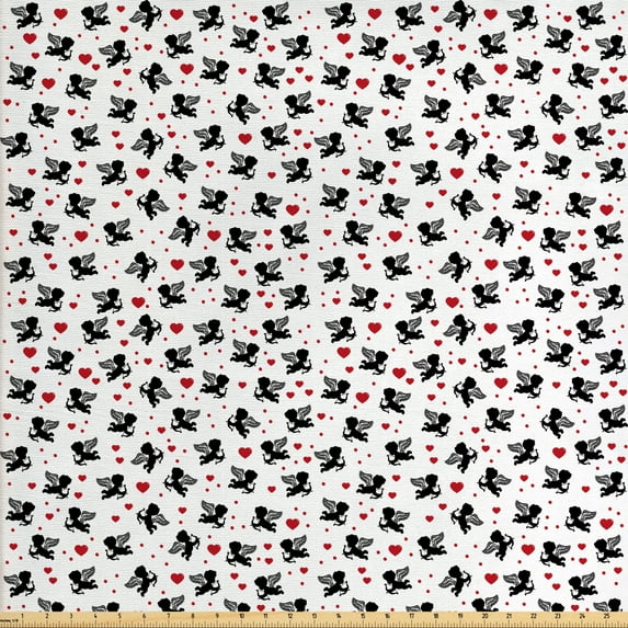 Ambesonne Valentine's Day Fabric by the Yard Upholstery, Cupid Angels Hearts, 10 Yards, Charcoal Grey Vermilion