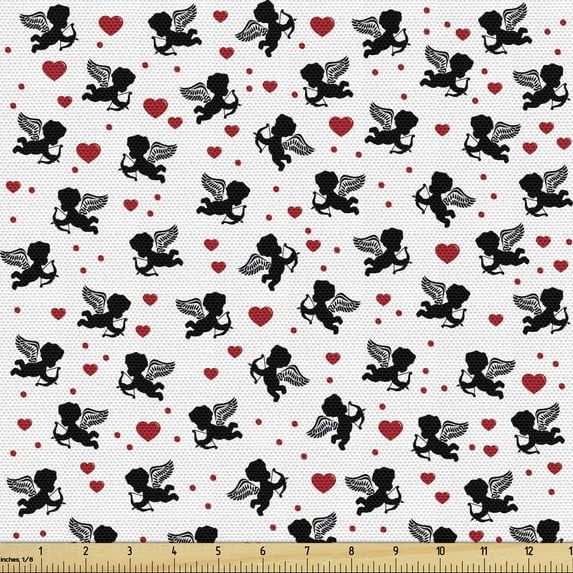 Ambesonne Valentine's Day Fabric by the Yard Upholstery, Cupid Angels Hearts, 1 Yard, Charcoal Grey Vermilion