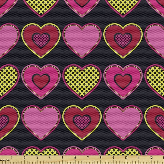 Ambesonne Valentine's Day Fabric by the Yard Upholstery, Dots and Hearts, 10 Yards, Ruby Pink