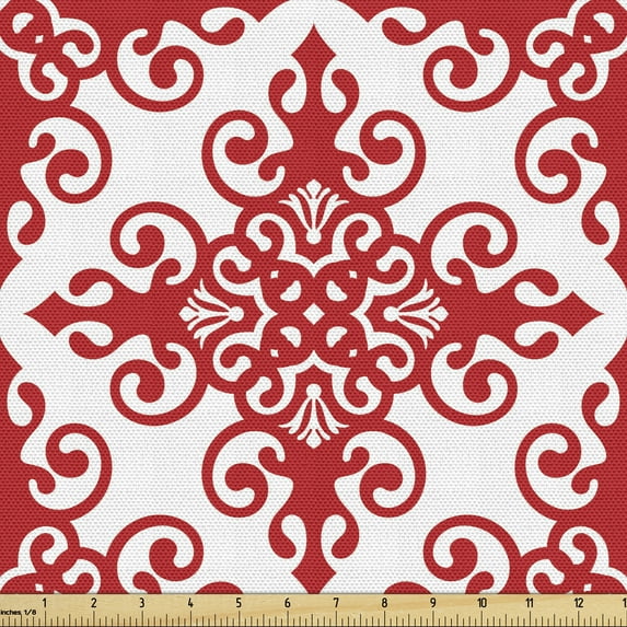 Ambesonne Valentine's Day Fabric by the Yard Upholstery, Western Scroll Art, 5 Yards, White Red