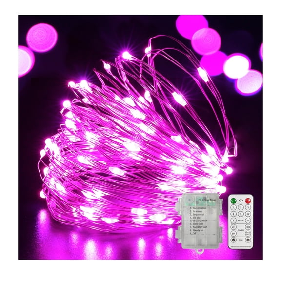 Valentine's Day Fairy Lights, Battery Opeed Twinkle String Lights with Remote, Multi-Function Timer, Silver Wire, 100 LED Lights for Indoor Bedroom, Wedding, Party, Patio, Backyard Decoions, Pink