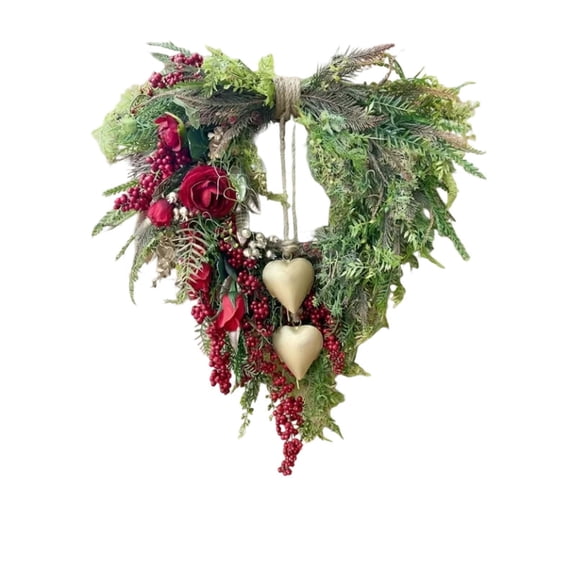 Valentines Day Farmhouse Heart Wreath with Gold Bells - Red Roses & Berries Front Door Decoration - Rustic Country Floral Wreath with Gold Foliage & Vintage Heart Bell