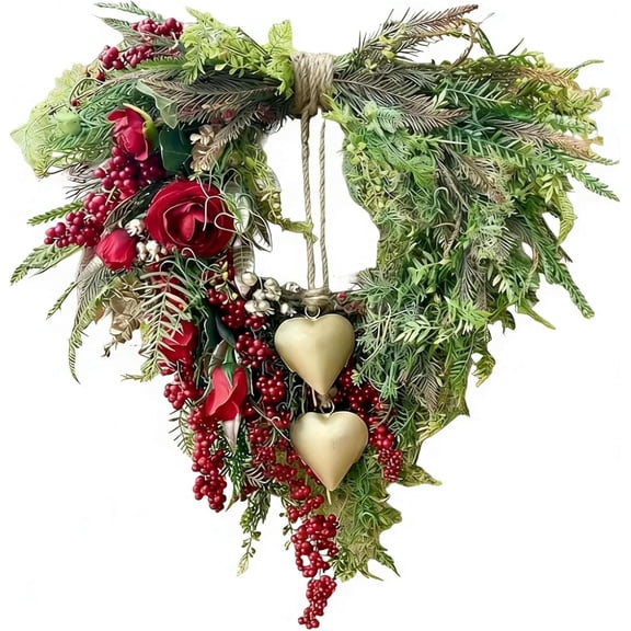 Valentine’s Day Farmhouse Heart Wreath Set, Fabric Flower Wreaths with Gold Heart Bells, Vintage Style Indoor or Outdoor Decor