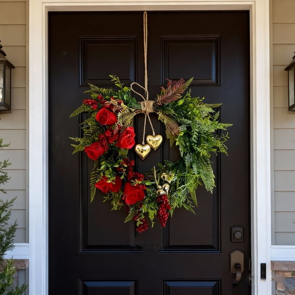 Valentines Day Farmhouse Valentine Heart Wreath 15.7'', Valentine Door Wreath Rustic, Gold Bells, Red Roses & Berries,Fabric Flowers & Vintage Heart Bell for Window Porch Porch Indoor Outside Decor