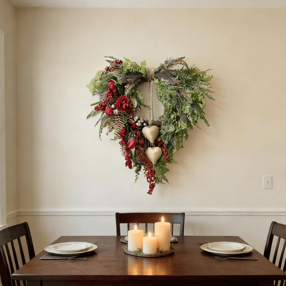 Valentines Day Farmhouse Valentine Heart Wreath, Gold Bells, Red Roses & Berries,Rustic Country Front Door Decoration, Fabric Flowers & Vintage Heart Bell for Front Porch Window