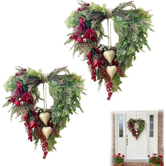 Valentine’s Day Farmhouse Valentine Heart Wreath, Gold Bells, Red Roses & Berries,Rustic Country Front Door Decoration with Gold Foliage, Fabric Flowers & Vintage Heart Bell, for Front Door Wall (2A)