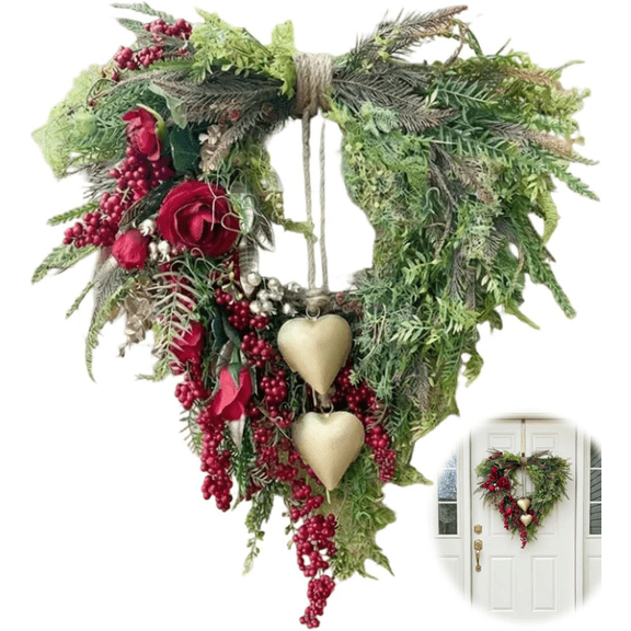 Valentines Day Farmhouse Valentine Heart Wreath, Gold Bells, Red Roses & Berries,Rustic Country Front Door Decoration with Gold Foliage, Fabric Flowers & Vintage Heart Bell ,Gold Heart Bells(1)