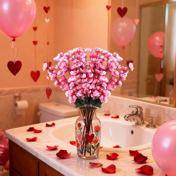 Valentine’s Day Faux Flower Bouquet for Desktop Centerpiece, Artificial Flowers Wedding Decor, Photography Prop, Table Arrangement, No Water Needed, Pink