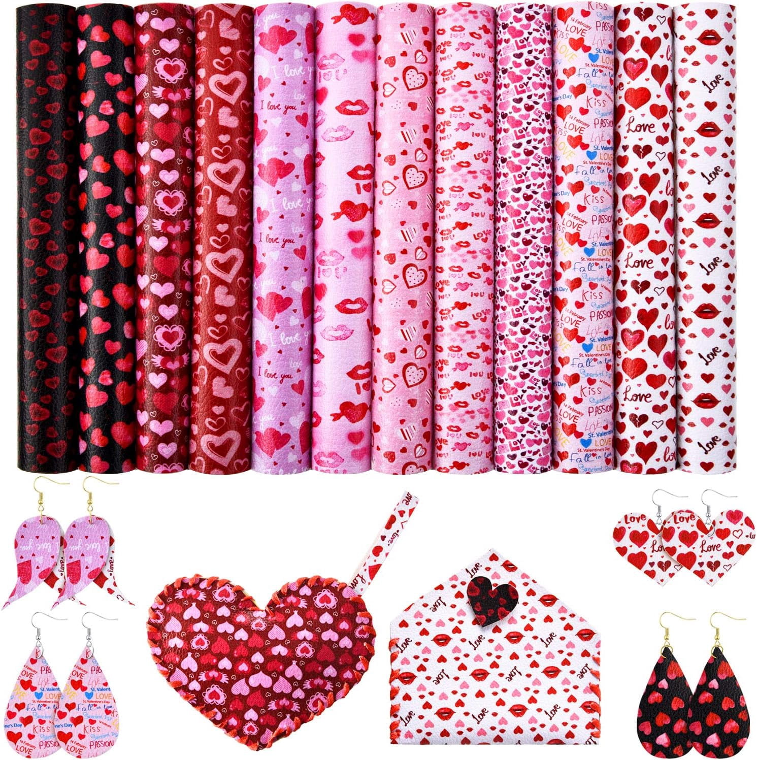 Valentine's Day Faux Leather Sheets for Crafts with Heart Love Pattern Prints and Fabric Canvas Back for DIY Crafts Decor