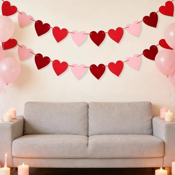 Valentine's Day Felt Heart Bunting Banner - 3-Color Horizontal Heart Shapes, 24-Piece Pre-Strung With 3M String, Felt Material, Decorative Party Banner - For Valentine's Day