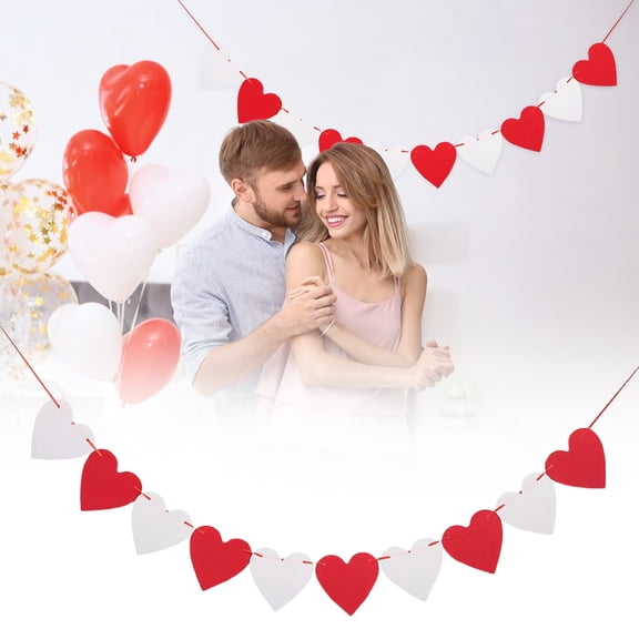 Valentine's Day Felt Heart Garland - Valentines Day Decorations Pre-Strung Red White Banner for Indoor/Outdoor Decor, Anniversary, Birthday Party, By Preplabs